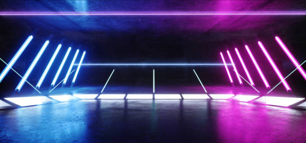istock Lines Construction Stage Virtual Reality Neon Glowing Purple Blue Sci Fi Futuristic Modern Retro Alien Spaceship Corridor Tunnel Fluorescent Lasers Led Lights On Concrete Floor Reflections 3D Rendering 1140431037