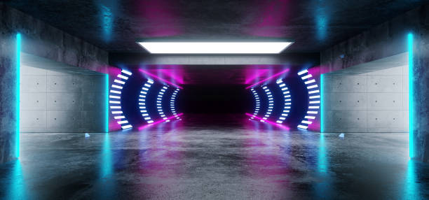 istock Empty Sci Fi Futuristic Concrete Hall Garage Underground Room Neon Glowing Laser Vibrant Purple Blue Arch Construction Fluorescent Lights Virtual Stage Dance Reflections 3D Rendering 1140431223
