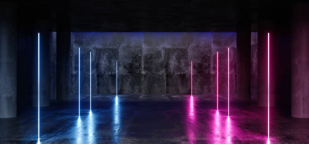 istock Dark Empty Sci Fi Futuristic Concrete Hall Garage Underground Room Neon Glowing Laser Vibrant Purple Blue Lines Construction Fluorescent Lights Virtual Stage Dance Reflections 3D Rendering 1140431331