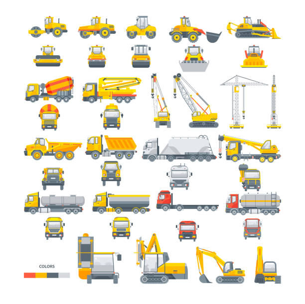 set vector machinery Asphalt machine Collection set vector machinery Asphalt machine Bagger Bulldozer Cement mixer Concrete pump Crane Dumper truck Equipment tunnel Kipper Loader TRACTOR BUILDING MATERIAL GRIT OIL WATER TRANSPORTATIOn. construction machinery illustrations stock illustrations