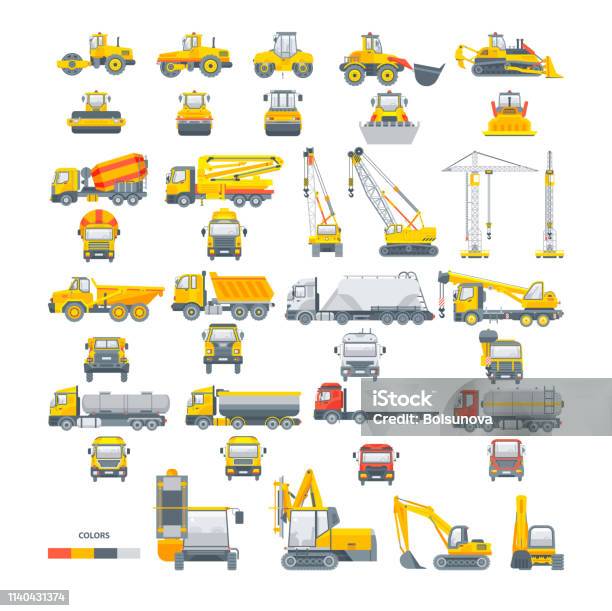 Set Vector Machinery Asphalt Machine Stock Illustration - Download Image Now - Crane - Machinery, Dump Truck, Front View