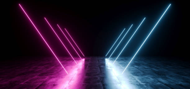 istock Dark Empty Black Triangle Neon Glowing Laser Fluorescent Virtual Reality Blue Purple Vibrant Lights On Grunge Concrete Reflective Floor Empty Hall Room Tunnel 3D Rendering 1140431428