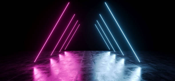 istock Dark Empty Black Triangle Neon Glowing Laser Fluorescent Virtual Reality Blue Purple Vibrant Lights On Grunge Concrete Reflective Floor Empty Hall Room Tunnel 3D Rendering 1140431468