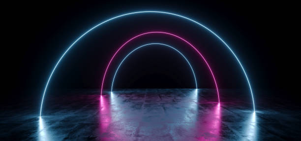 istock Dark Empty Black Circle Arc Shaped Neon Glowing Laser Fluorescent Virtual Reality Blue Purple Vibrant Lights On Grunge Concrete Reflective Floor Empty Hall Room Tunnel 3D Rendering 1140432075