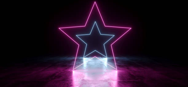 istock Dark Empty Black Star Shaped Neon Glowing Laser Fluorescent Virtual Reality Blue Purple Vibrant Lights On Grunge Concrete Reflective Floor Empty Hall Room Tunnel 3D Rendering 1140432087