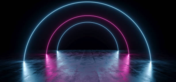 istock Dark Empty Black Circle Arc Shaped Neon Glowing Laser Fluorescent Virtual Reality Blue Purple Vibrant Lights On Grunge Concrete Reflective Floor Empty Hall Room Tunnel 3D Rendering 1140432096