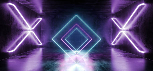 istock Dark Sci Fi Futuristic Virtual Reality Stage Empty Hall Garage Hall Room Tunnel Glowing Lasers Neon Fluorescent Cross Shaped Lights Rectangle Purple Blue Grunge Concrete 3D Rendering 1140432110