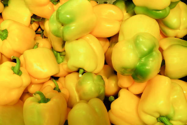 市場で黄色のピーマン。上面図。 - pepper bell pepper market spice ストックフォトと画像