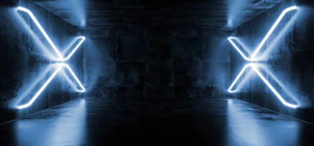 istock Dark Sci Fi Futuristic Virtual Reality Stage Empty Hall Garage Hall Room Tunnel Glowing Lasers Neon Fluorescent Cross Shaped Lights  Blue Grunge Concrete 3D Rendering 1140432265
