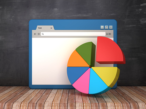 Web Browser with Pie Chart on Chalkboard Background  - 3D Rendering
