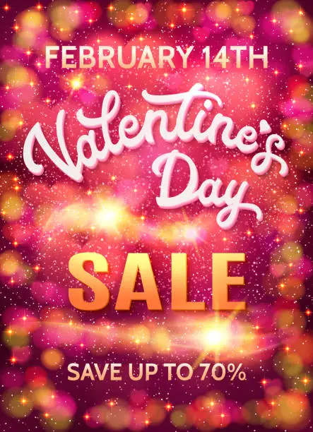 Vector illustration of Valentines day sale poster template on abstract pink bokeh background with hearts, stars and circles. Discount banner with 3d white hand lettering text. Font vector illustration. EPS10