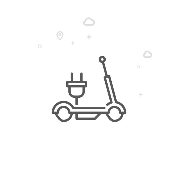 ilustrações de stock, clip art, desenhos animados e ícones de electric scooter vector line icon, symbol, pictogram, sign. light abstract geometric background. editable stroke - ideogram