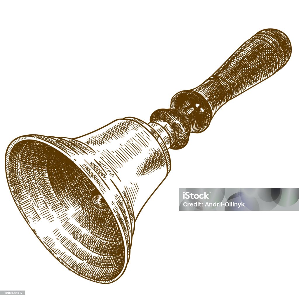 engraving illustration of hand bell Vector antique engraving drawing illustration of hand bell isolated on white background Bell stock vector