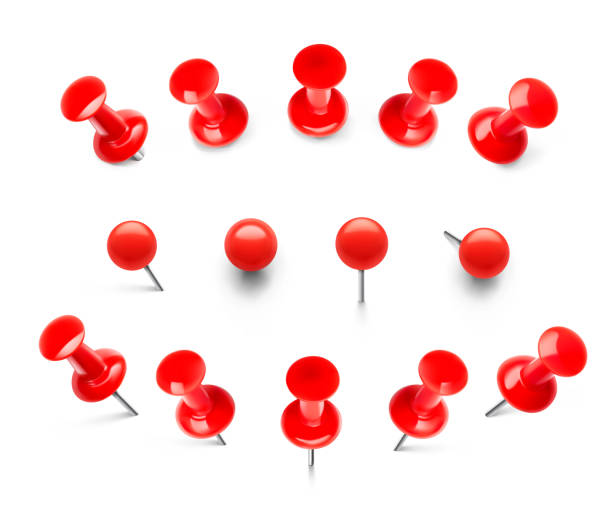 ilustrações de stock, clip art, desenhos animados e ícones de huge set of red push pins. pins pierced at different heights and different views. - thumbtack