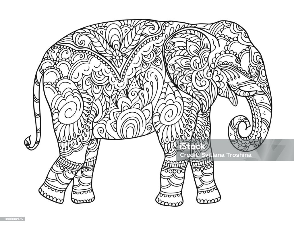 Drawing zentangle elephant, for coloring book for adult or other decorations Drawing zentangle elephant, for coloring book for adult or other decorations. Black and white version illustration Elephant stock vector