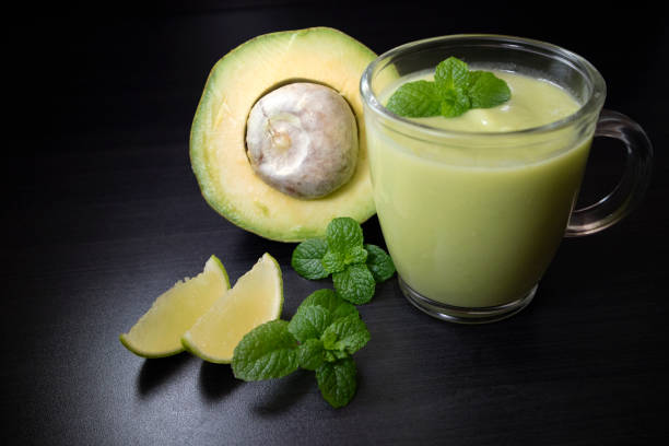 istock Avocado smoothie with lime and mint on black background. 1140446077