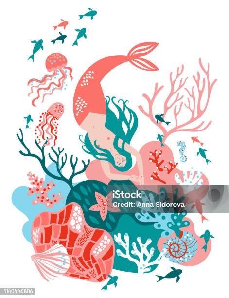 Vector Card Stock Illustration - Download Image Now - Illustration, Mermaid, Animal Shell