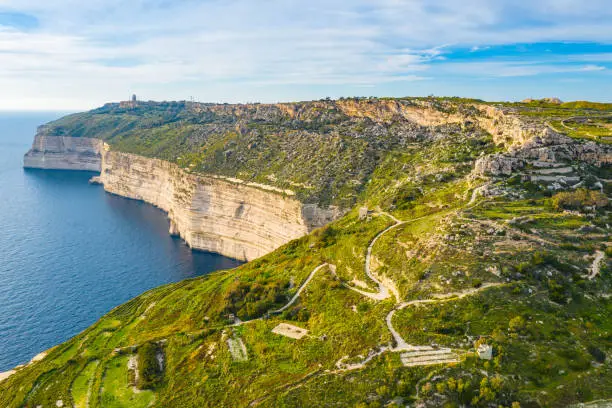 Photo of Aerial view of Dingli cliffs. Greeny nature and blue sea and sky. Malta