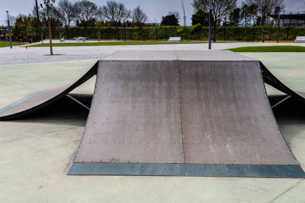 istock Outdoor skatepark with various ramps  with a cloudy sky. 1140449682