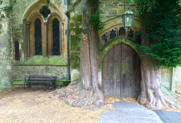 istock Church door guarded by yew trees 1140453803