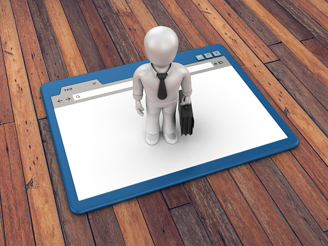 Web Browser with Business Character on Wood Floor Background  - 3D Rendering