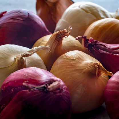 Red, white and yellow onions close-up