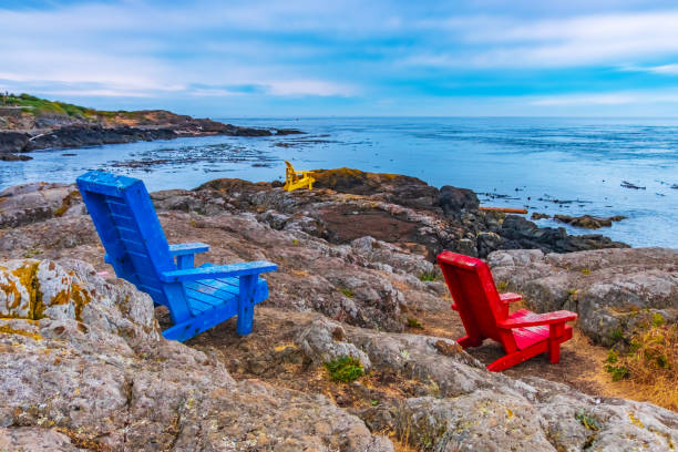 istock Adirondack Wooden Chairs on Rocky Coastline 1140455463