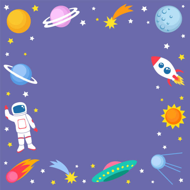 Cute colorful background template with space mars stars planets ufo rockets spaceships satellite and comet on violet background. Vector illustration, frame for kids astronaut borders stock illustrations