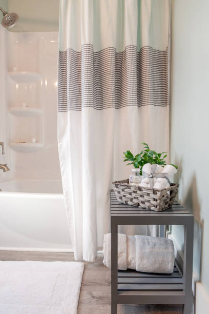 istock Clean modern bathroom decor in gray and white 1140459004