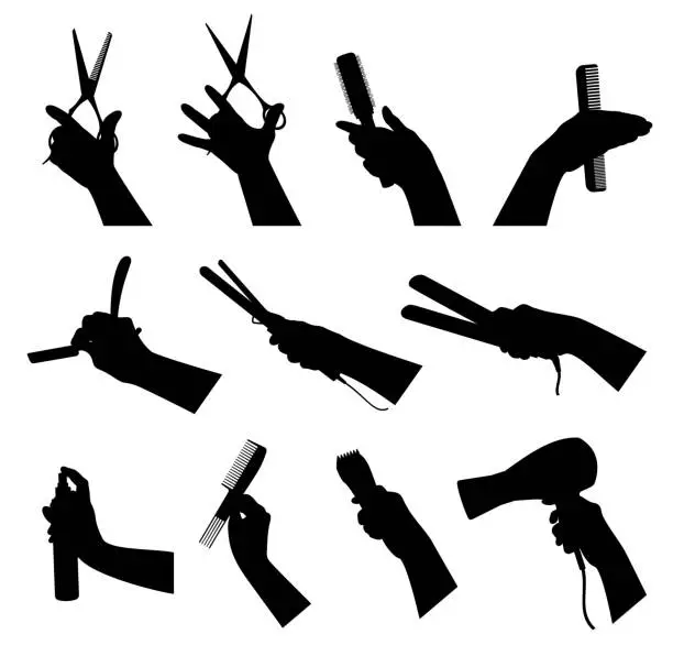 Vector illustration of Hand collection. Hands holding hairdresser tools. Black silhouette