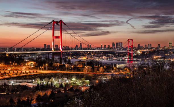 아름 다운 보스포러스 다리 이스탄불 밤 파노라마 사진입니다. 이스탄불, 터키 - ortakoy mosque bridge bosphorus istanbul 뉴스 사진 이미지