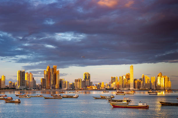 Panaorma of Panama City in the golden Hour with Boats Impressions from Panama panama city panama stock pictures, royalty-free photos & images