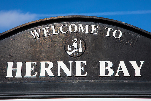 A Welcome sign in the coastal town of Herne Bay in Kent, England.