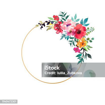 istock Hand drawn watercolor bouquet with place for your text. Design for card, invitation. Floral arrangement with gold circle frame. Wreath with flowers. Vector 1140472301