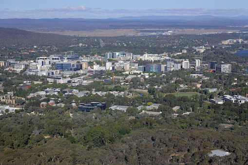 Aerial landscape view of Canberra the capital city of Australia located in the ACT, Australian Capital Territory, Australia.