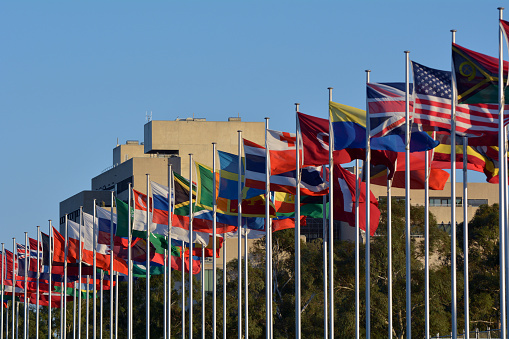 The International Flag Display in Canberra's Parliamentary Zone colorfully acknowledges the international presence in Australia's National Capital.