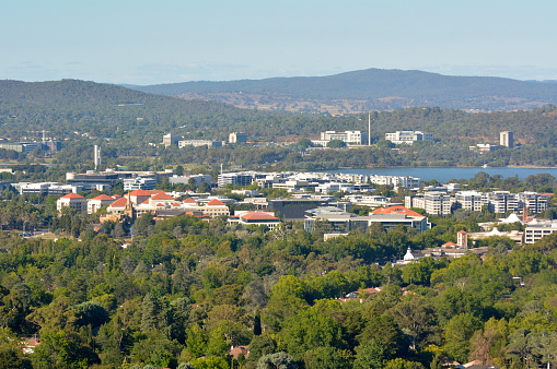 Aerial landscape view of Canberra the capital city of Australia located in the ACT, Australian Capital Territory, Australia.