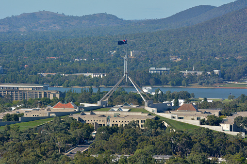 Aerial landscape view of Australia Parliament House in Canberra the capital city of Australia located in the ACT, Australian Capital Territory, Australia.