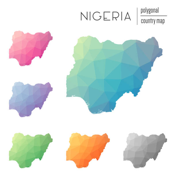 illustrazioni stock, clip art, cartoni animati e icone di tendenza di insieme di mappe vettoriali poligonali della nigeria. - niger delta