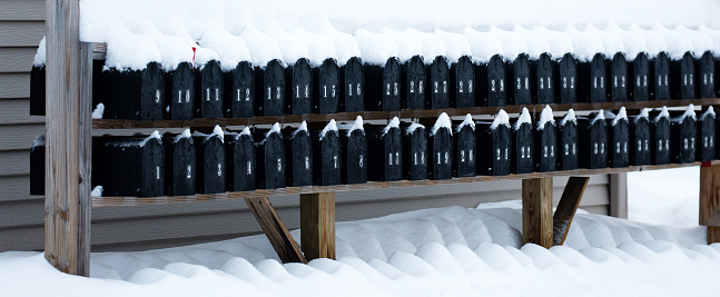 Mailboxes lined up in a row covered with snow in central Wisconsin after a March snowstorm