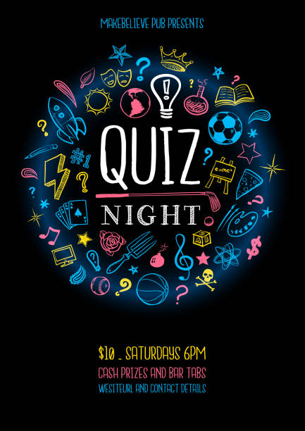 ilustraciones, imágenes clip art, dibujos animados e iconos de stock de cartel de noche quiz - trivia