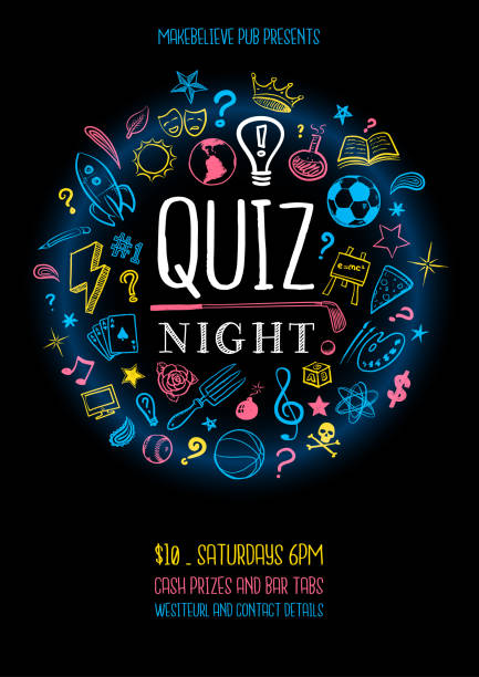 Quiz night poster Poster for a quiz night with hand drawn icons trivia stock illustrations