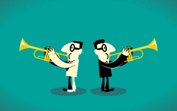 ilustraciones, imágenes clip art, dibujos animados e iconos de stock de dos trompetistas - trumpet brass instrument marching band musical instrument