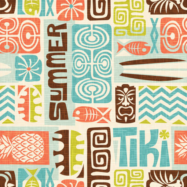 Seamless Exotic Tiki Pattern. Use for wallpaper, fabric patterns, backgrounds. Seamless Exotic Tiki Pattern. Use for wallpaper, fabric patterns, backgrounds. Vector illustration tiki stock illustrations