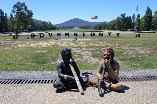 Canberra, Australia - February 22, 2019:Sovereignty sign at the Aboriginal Tent Embassy in Canberra Parliamentary Zone Australia Capital Territory. It represent the political rights of Aboriginal Australians.