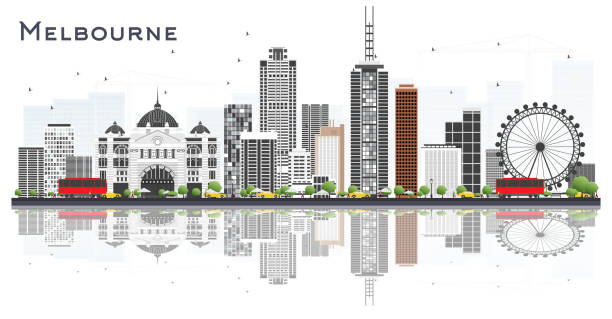 澳大利亞墨爾本城市天際線與灰色建築和在白色背景上隔離的反射。 - 墨爾本 澳洲 插圖 幅插畫檔、美工圖案、卡通及圖標