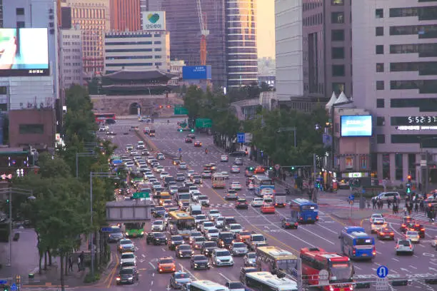 Rush Hour Traffic near Namdaemun Gate in Seoul, South Korea