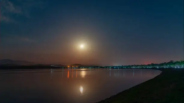 beautiful worm moon and its reflection in sukkhna lake