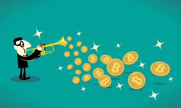 ilustraciones, imágenes clip art, dibujos animados e iconos de stock de empresario tocando la trompeta y un montón de criptomoneda bitcoin volando - performance perks incentive coin