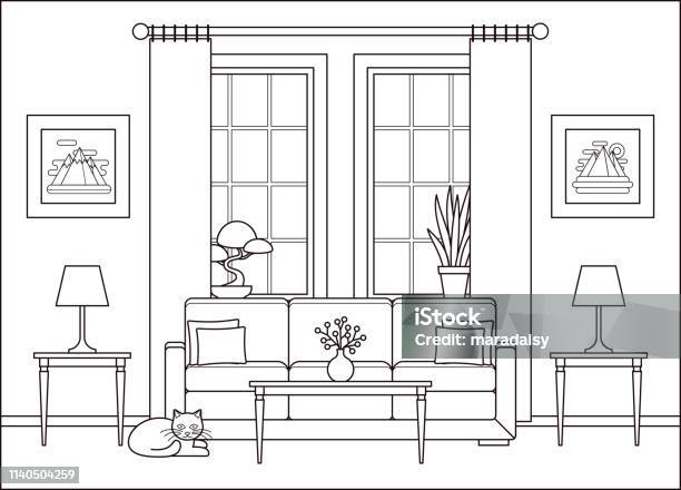 Living Room Line Interior Vector Illustration Stock Illustration - Download Image Now - Apartment, Art, Black Color
